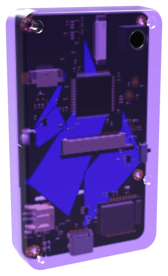 Ambire Signer in its translucent purple case, with the flame printed on the board inside