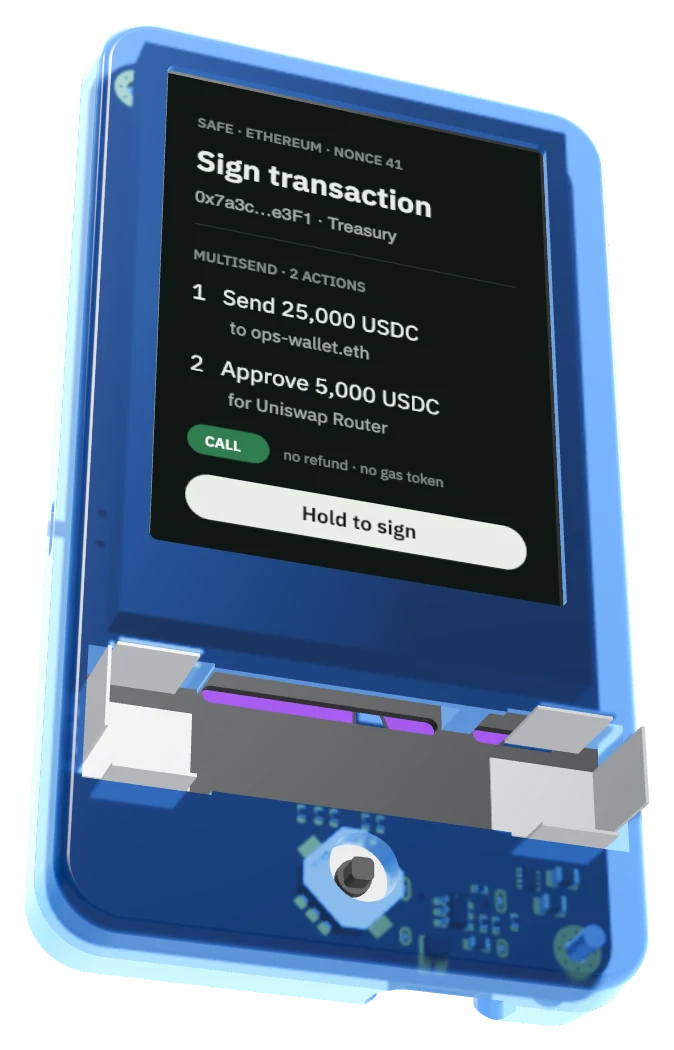 Ambire Signer from the front in its see-through ice blue case: the screen, the joystick and the two clips that hold the AAA cell